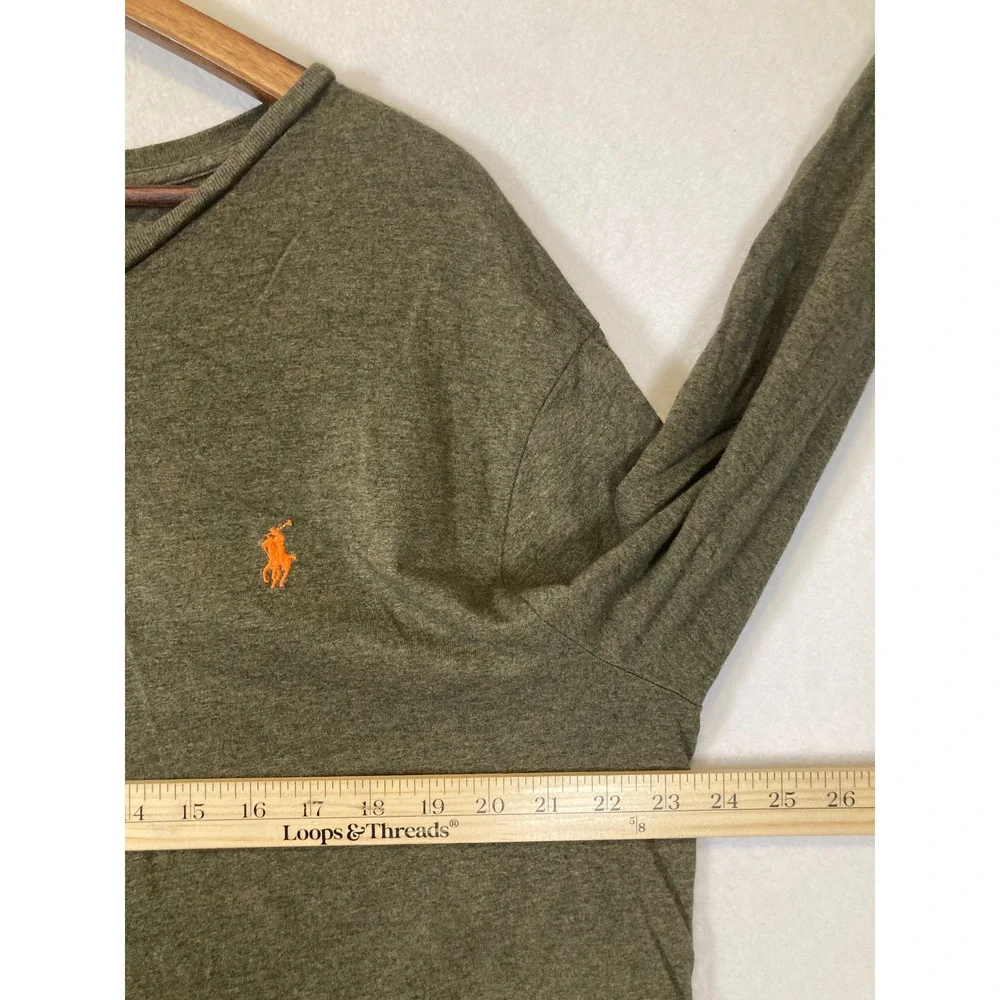 Classic Polo Ralph Lauren Men XL Olive Green V-Neck Long Sleeve Cotton Tee Shirt